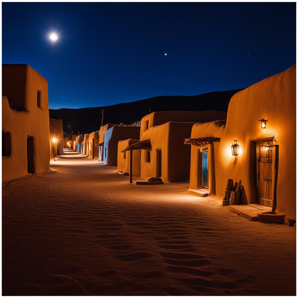 taos pueblo - paint the tranquil night atmosphere of taos pueblo, a unesco world heritage site, with its adobe structures and rich native american history. 