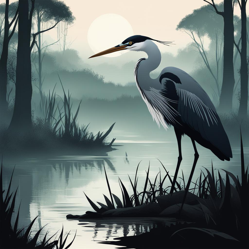 illustrate a mystical swamp with a mysterious heron watching over the eerie waters. 