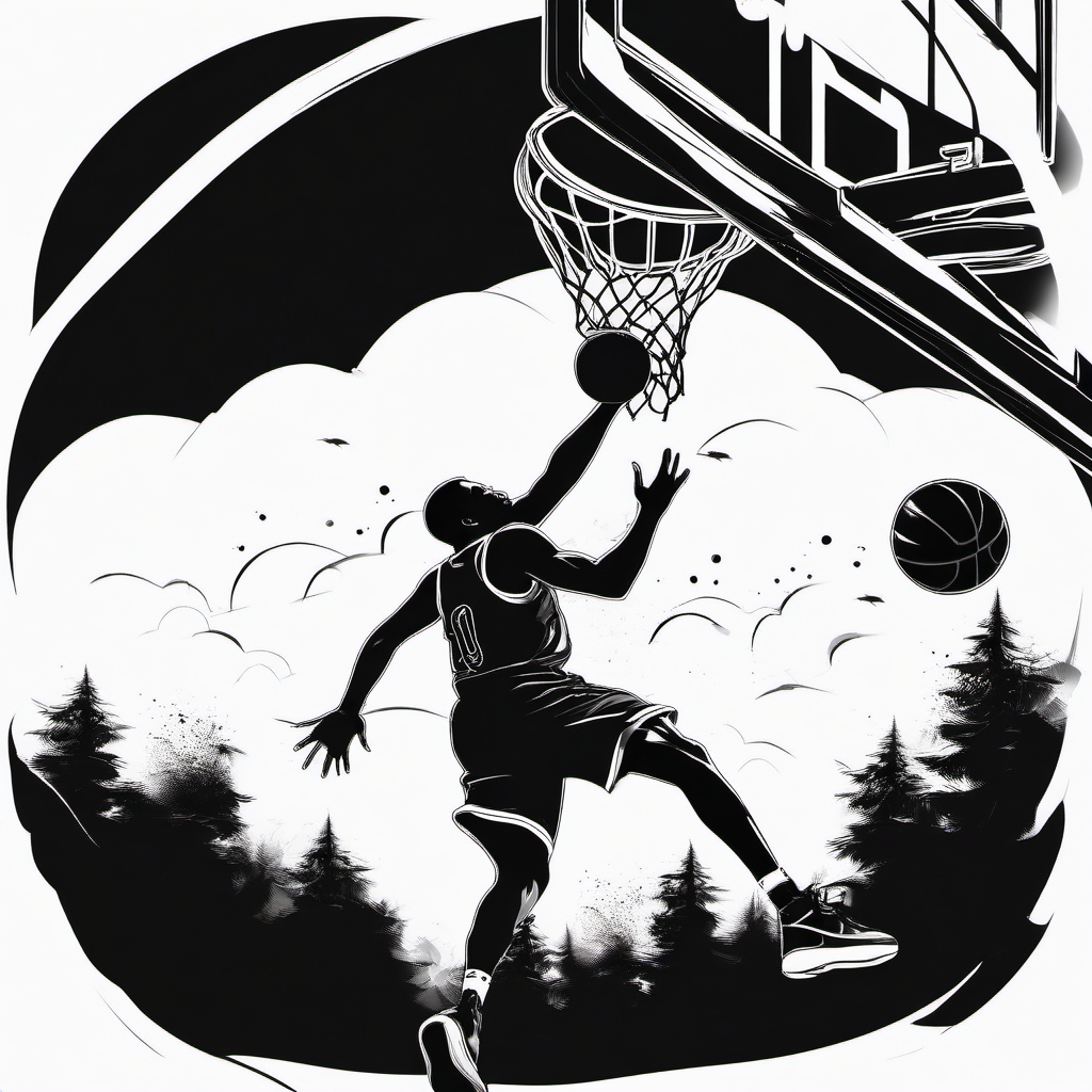 Dunking basketball player ink. Sky-high athleticism.  black white tattoo style, minimalist design,white background