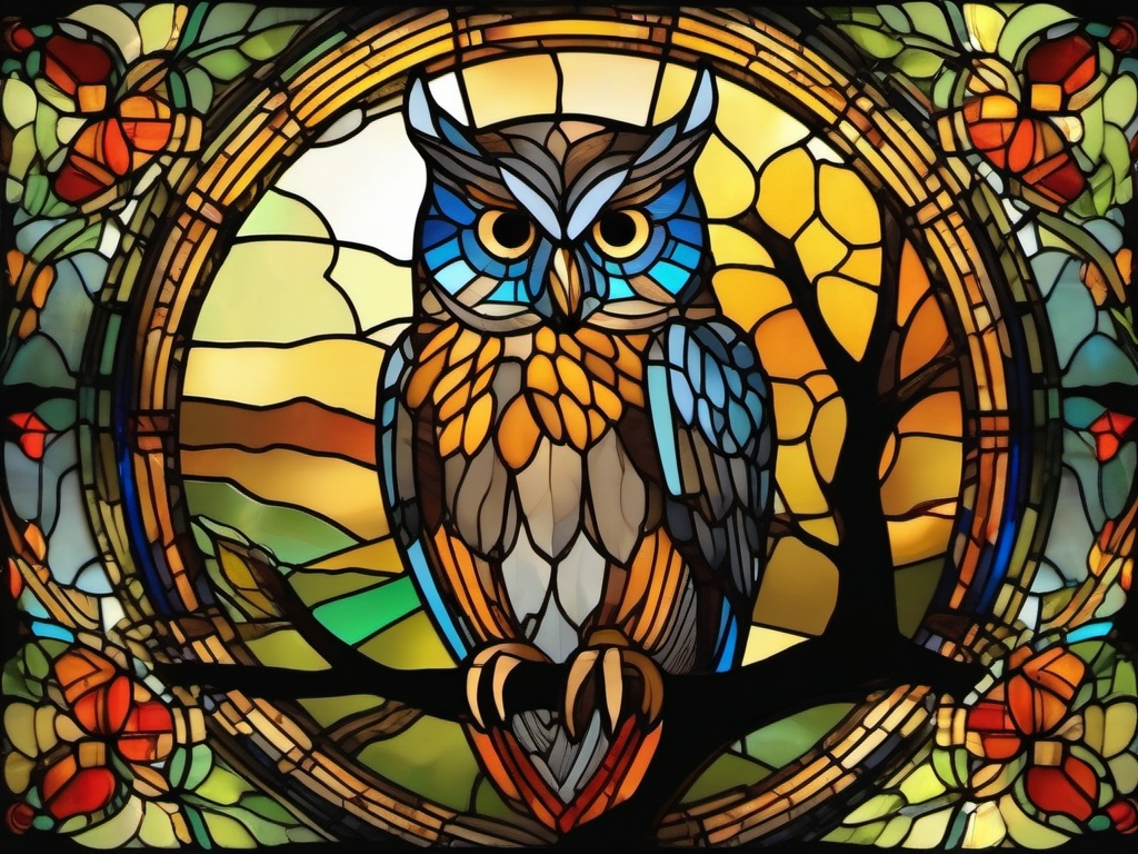 owl sitting on a tree  in stained glass style.