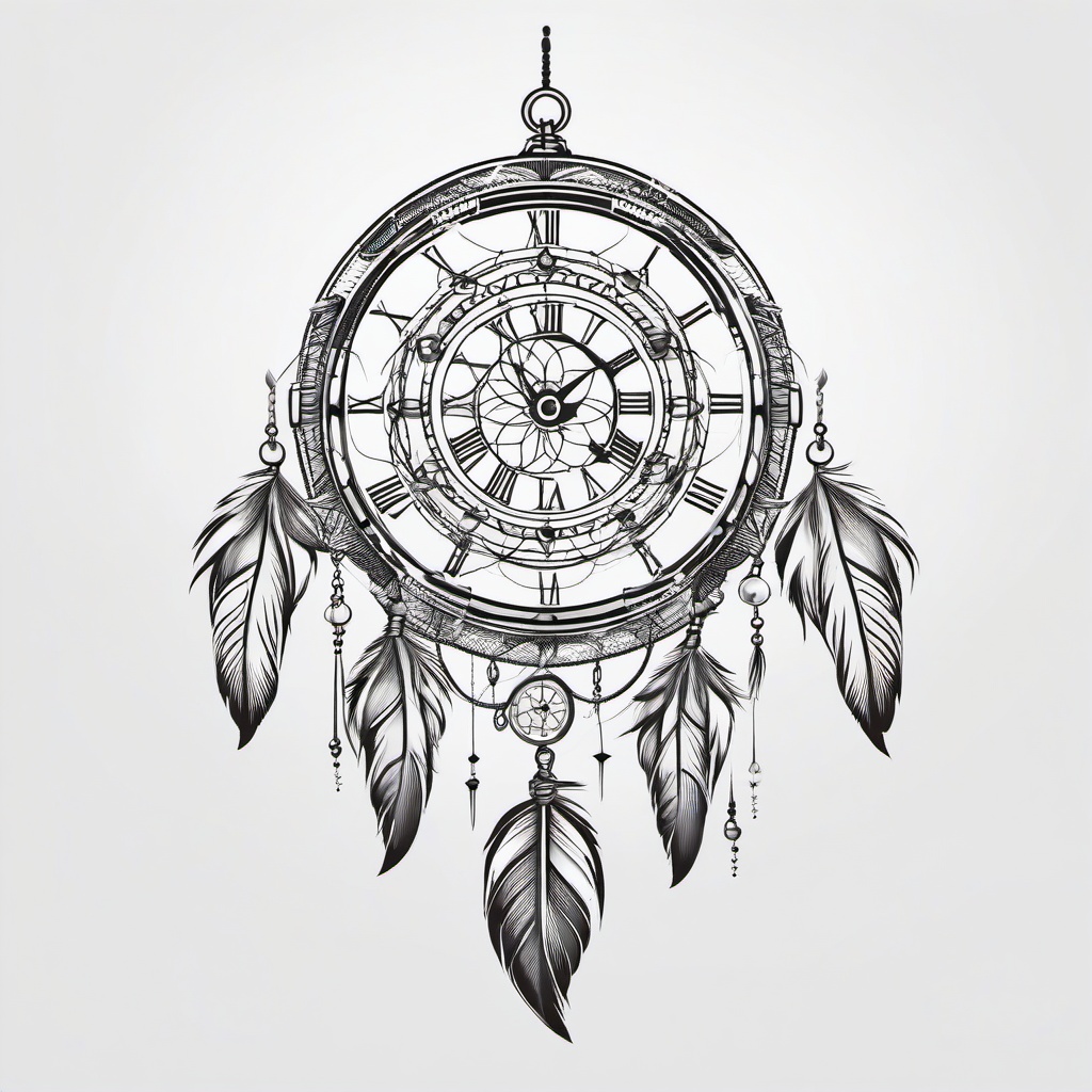 Clock Dream Catcher Tattoo - Tattoo combining a dream catcher with clock elements.  simple vector tattoo,minimalist,white background