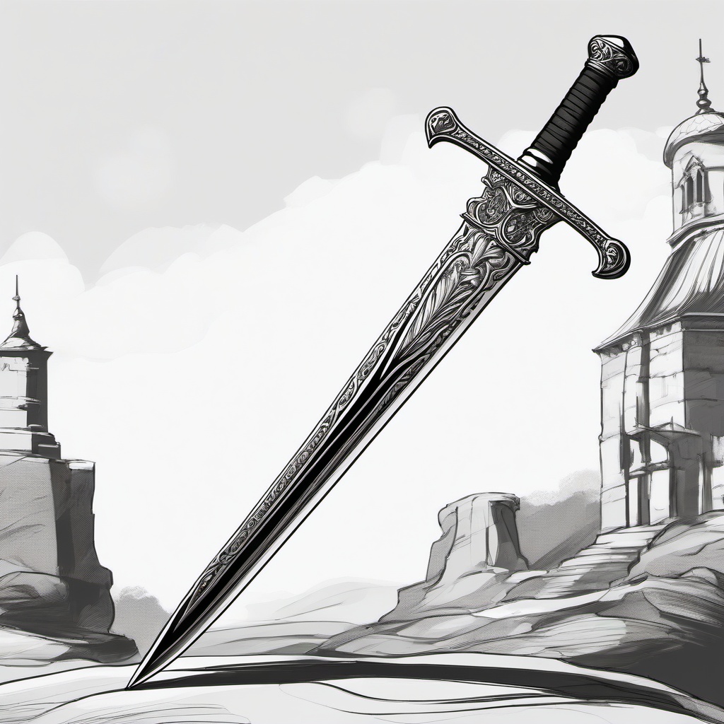 drawing of a sword in a historical setting  minimal rough sketch scribbles,doodles,black and white