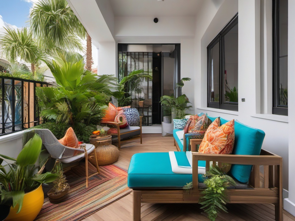 The balcony showcases maximalist interior design with colorful outdoor furniture, bold decor, and vibrant plants that create a lively space for relaxation and gatherings.  