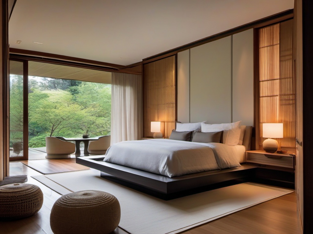 The master bedroom embraces Japanese Zen interior design with a calming color palette, natural textiles, and a connection to nature that creates a restful sanctuary for sleep.  