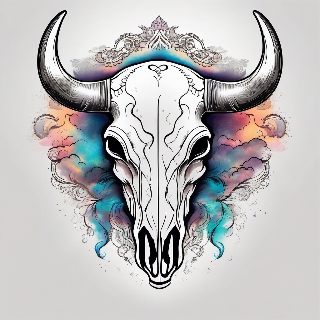 Bull skull with dreamy clouds tattoo. Ethereal essence of the untamed.  color tattoo design, white background