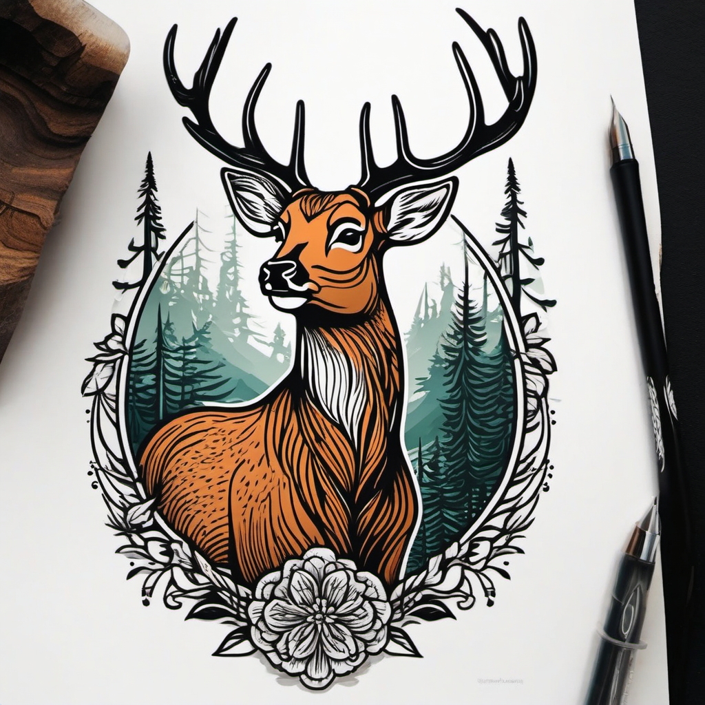 Woodcut Style Deer - Pay homage to traditional woodcut art with a tattoo featuring a deer in a classic illustrative style.  outline color tattoo,minimal,white background