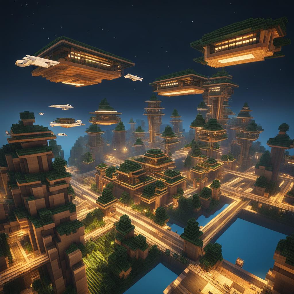 aerial transit system with flying vehicles in a sprawling city - minecraft house design ideas minecraft block style