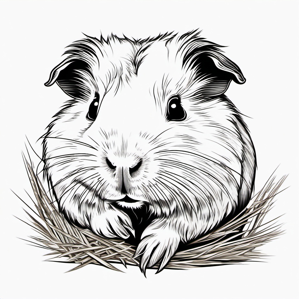 Guinea Pig Tattoo - Adorable guinea pig munching on hay, a tribute to gentleness  few color tattoo design, simple line art, design clean white background