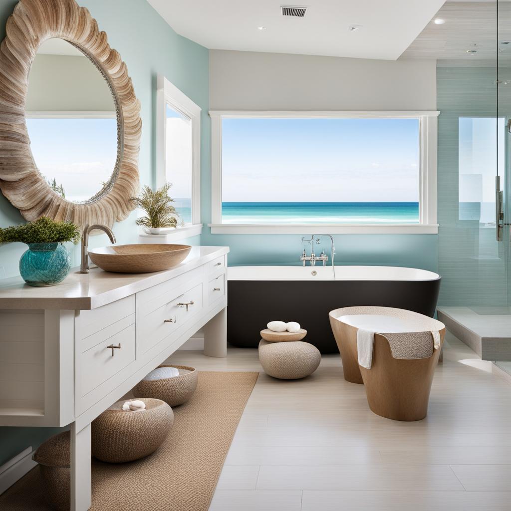 beachfront bathroom with seashell-shaped sinks and a soothing coastal palette. 