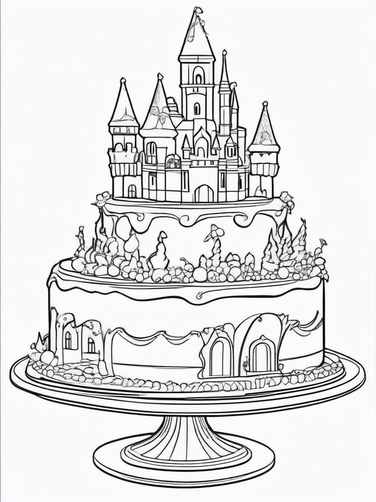 Cake Coloring Pages - Fairy-tale castle cake with towers  simple coloring pages