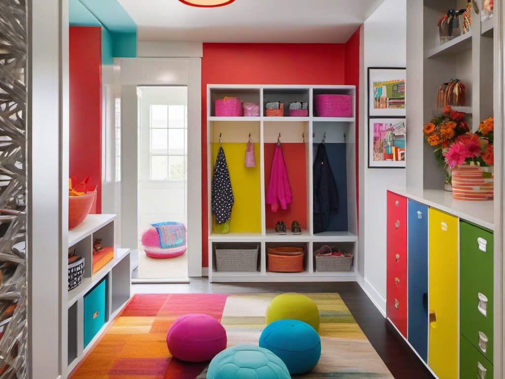 A mudroom designed with Pop Art interior design includes colorful storage solutions, fun decor, and lively accents that make coming and going a joyful experience.  