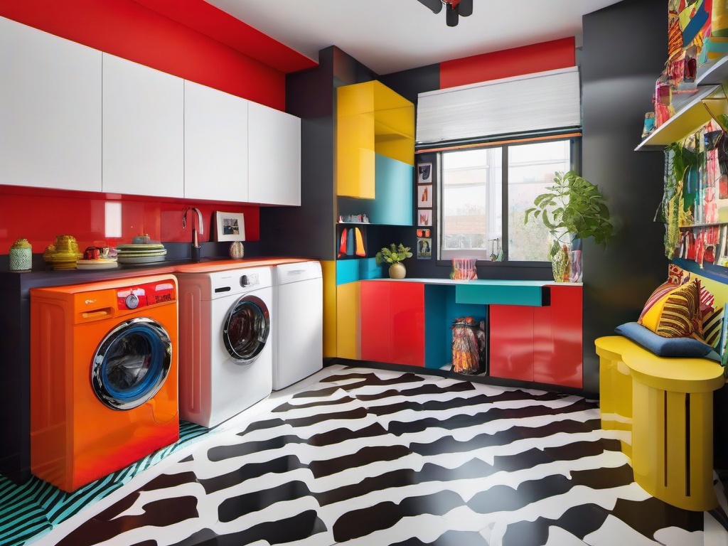 A utility room designed with Pop Art interior design includes colorful storage, fun decor, and an engaging layout that makes chores feel lively and manageable.  