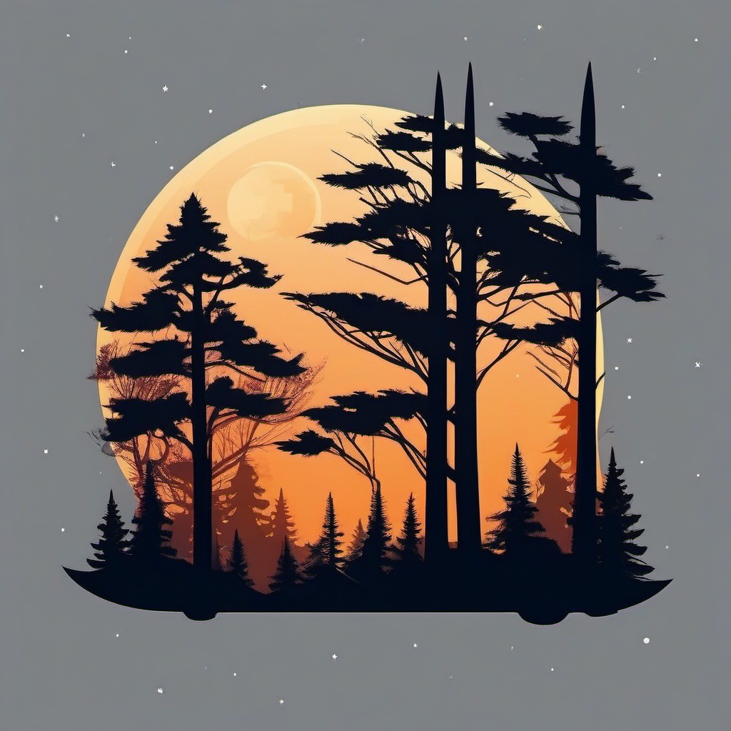 Moonlit Forest Sticker - Forest scene illuminated by moonlight, ,vector color sticker art,minimal