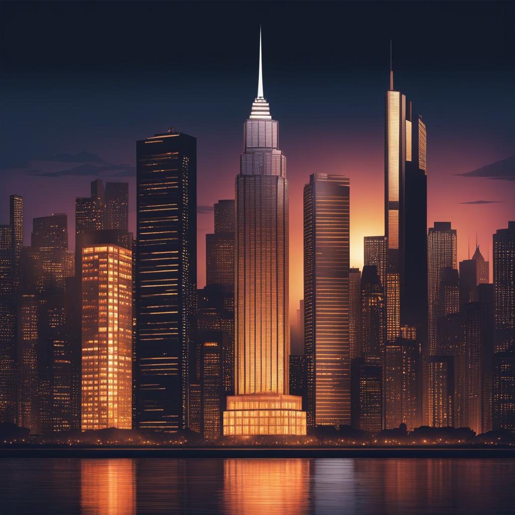 building clipart - a towering skyscraper, standing tall amidst a modern cityscape, bathed in city lights 