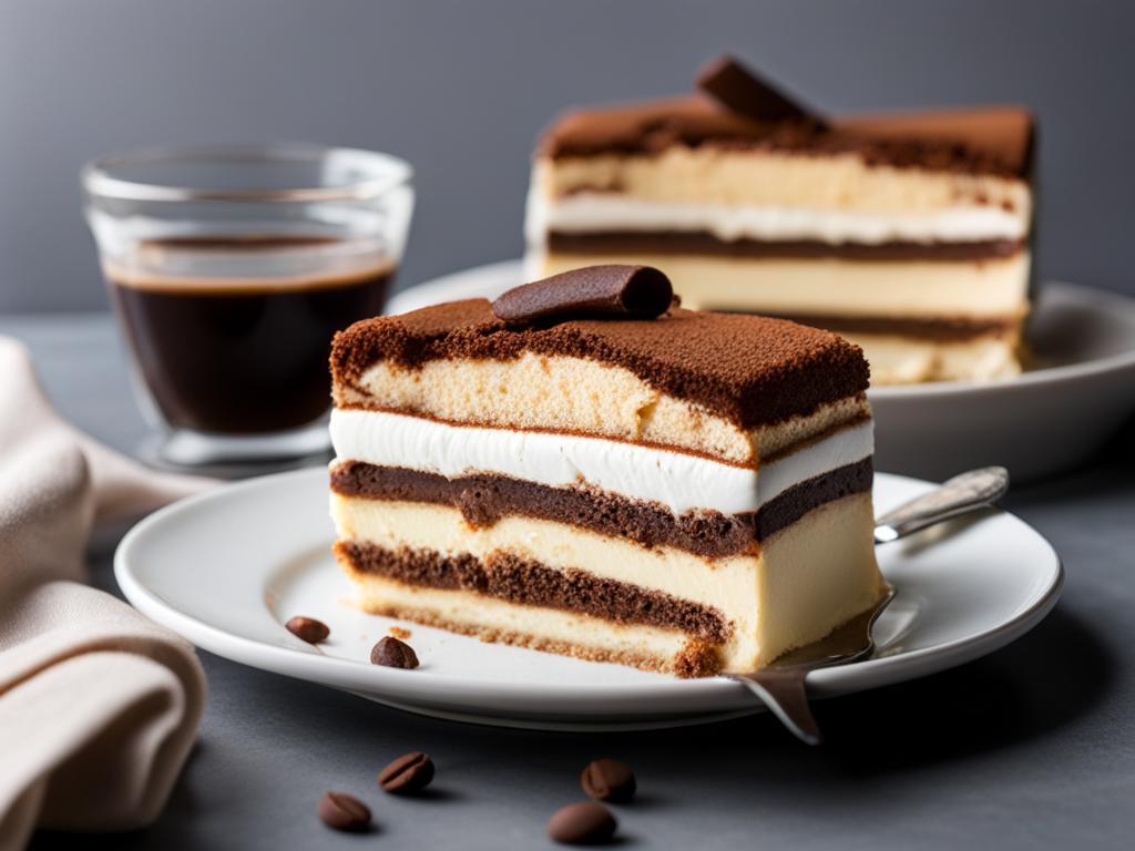 a slice of classic tiramisu, layers of coffee-soaked ladyfingers and mascarpone cheese. 