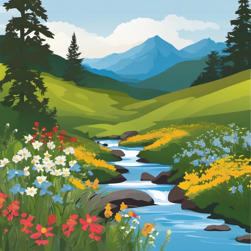 Mountain Stream and Wildflowers clipart - A stream amidst wildflowers, ,vector color clipart,minimal