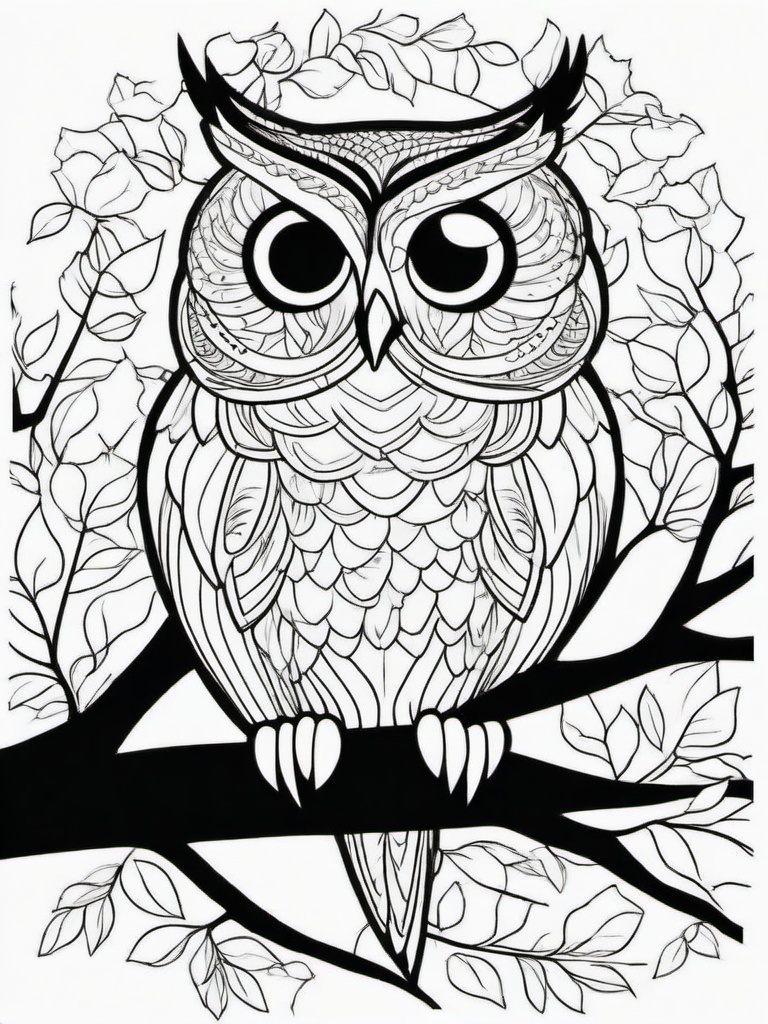 Owl Coloring Pages - Wise owl perched on a tree branch at night  simple coloring pages