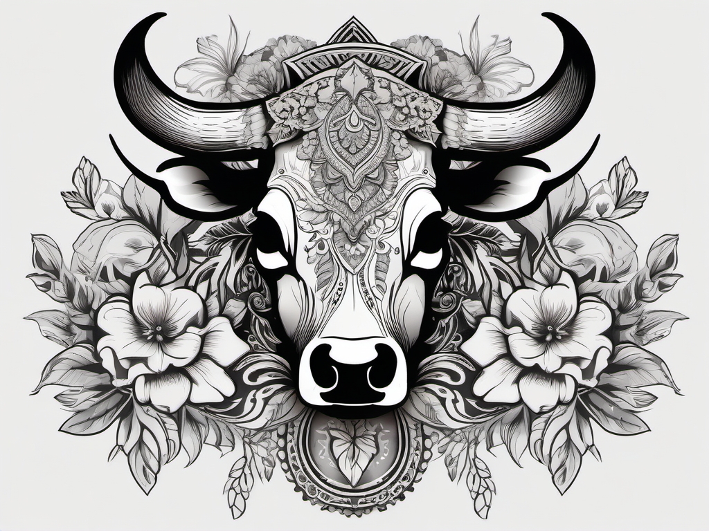 Cow skull with floral details tattoo: Western flair, symbolic elegance.  black and white tattoo style