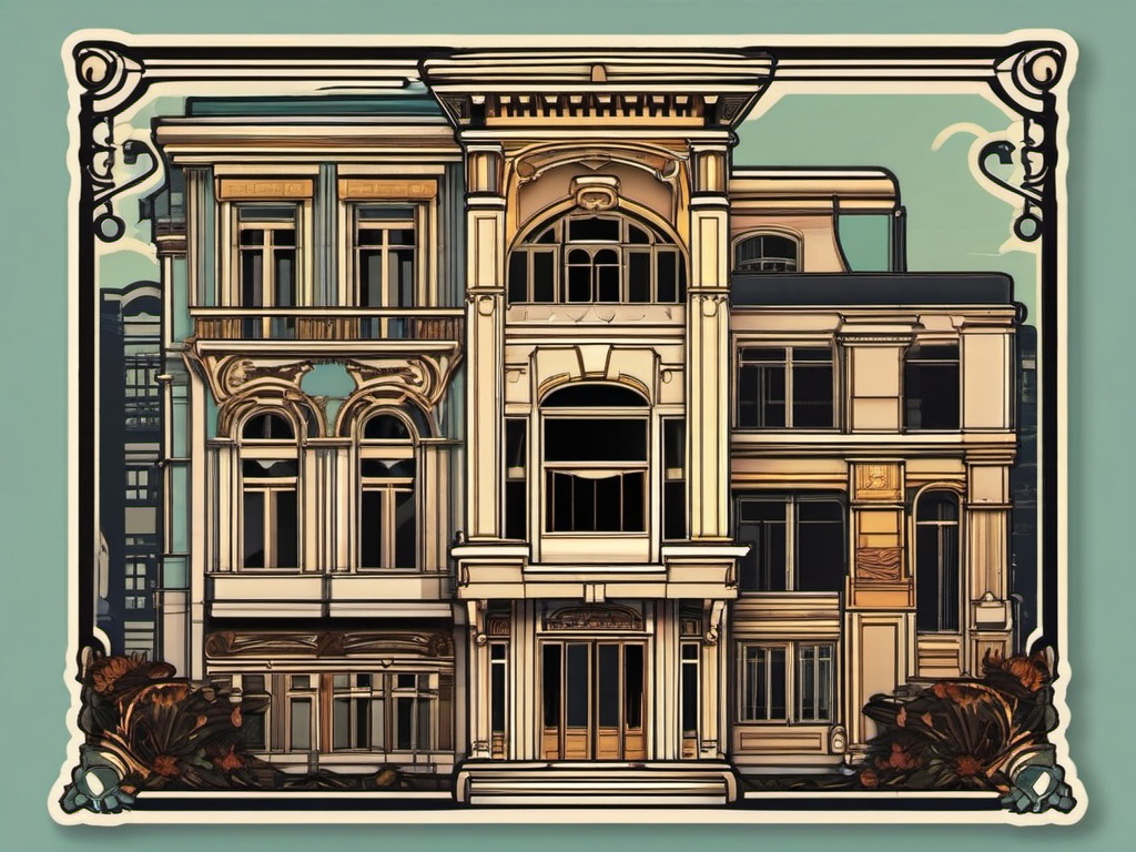 Art Nouveau Townhouse Sticker - Convey the artistic elegance of the Art Nouveau movement with this ornate sticker, , sticker vector art, minimalist design