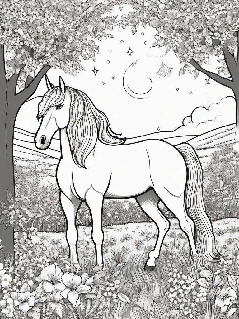 Unicorn Coloring Pages - Unicorn in a lush garden with sparkling lights  simple coloring pages