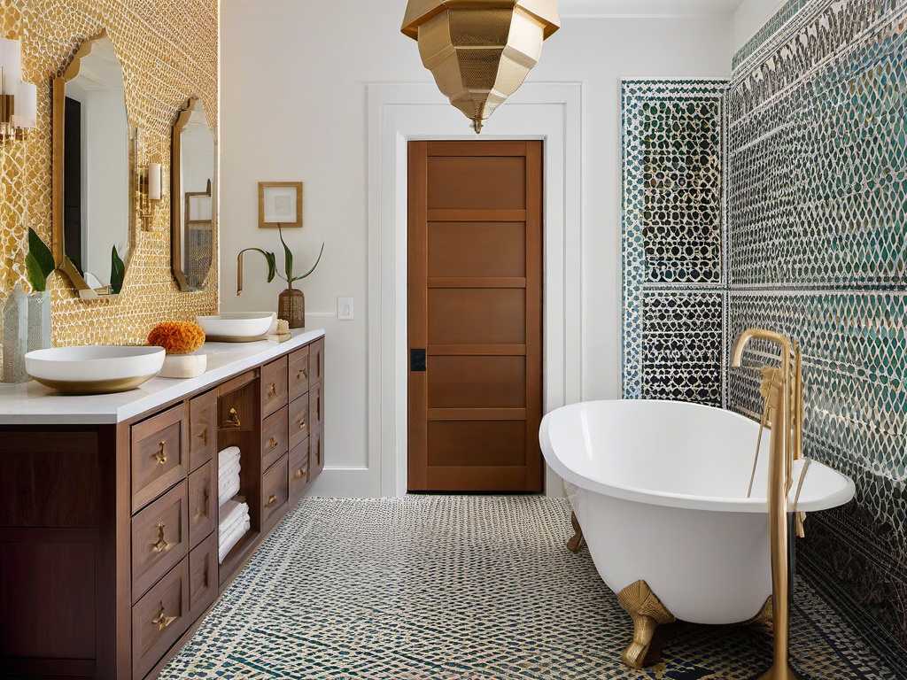 Moroccan-inspired bathroom with Ann Sacks vibrant mosaic tiles, Kohler brass fixtures, and CB2 Moroccan lantern lighting.  