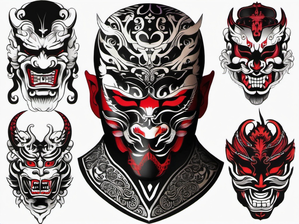 yakuza mask tattoo  simple color tattoo,white background,minimal