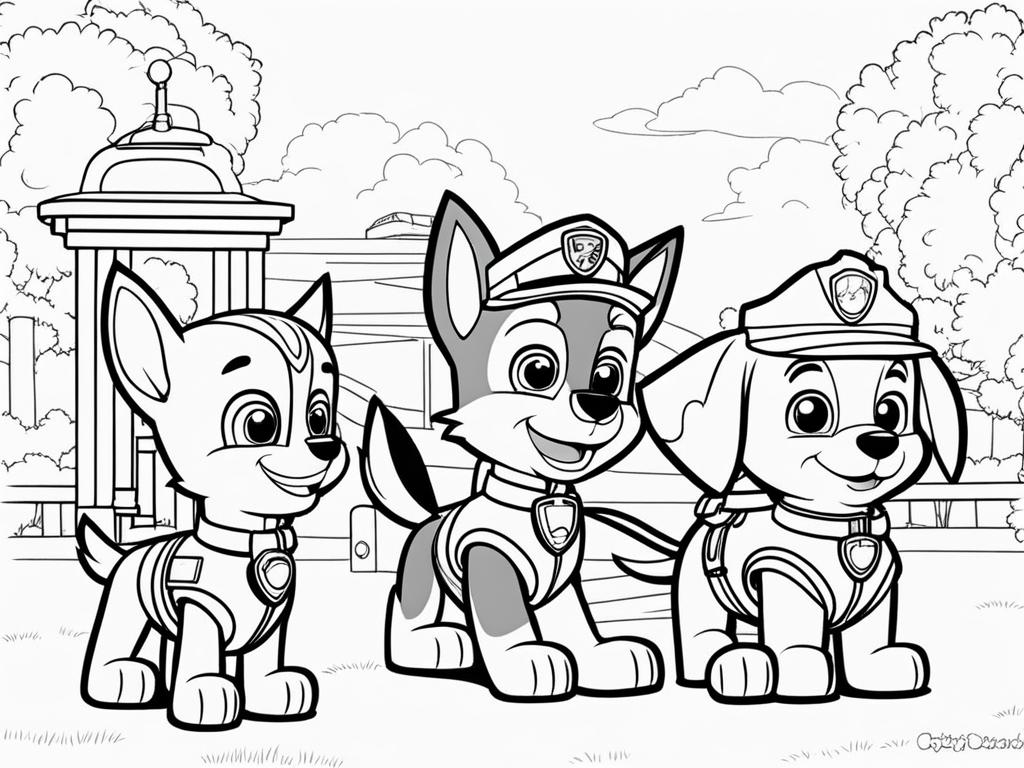 paw patrol coloring pages - chase, marshall, and skye play catch in a sunny park. 