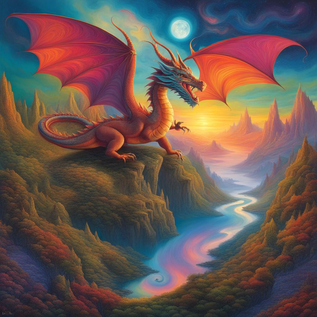 psychedelic dragon manifesting in realms of surreal and mind-bending landscapes, its presence distorting reality. 