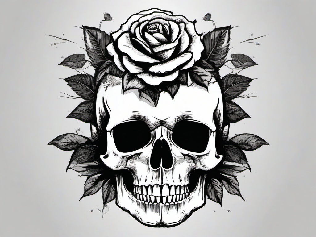 drawing of a skull with a rose crown  minimal rough sketch scribbles,doodles,black and white