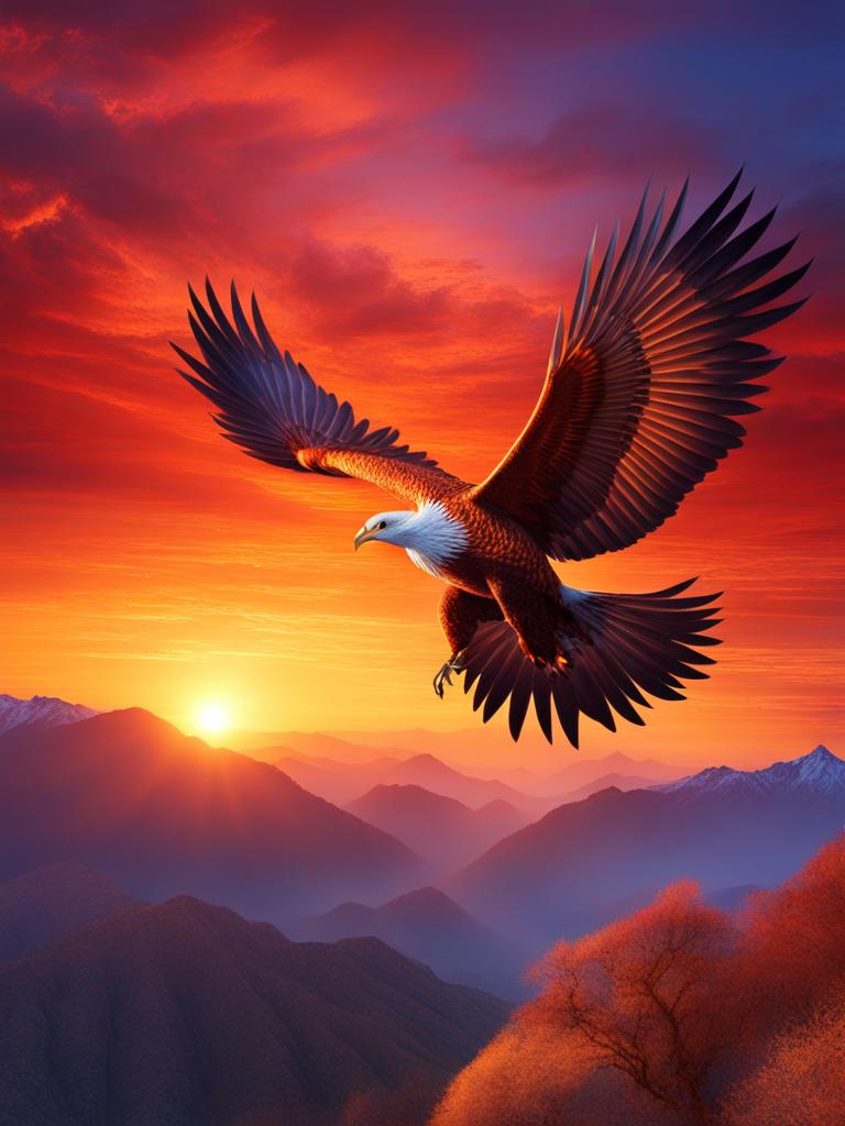 majestic phoenix soaring high above a breathtaking mountain range at sunrise. 