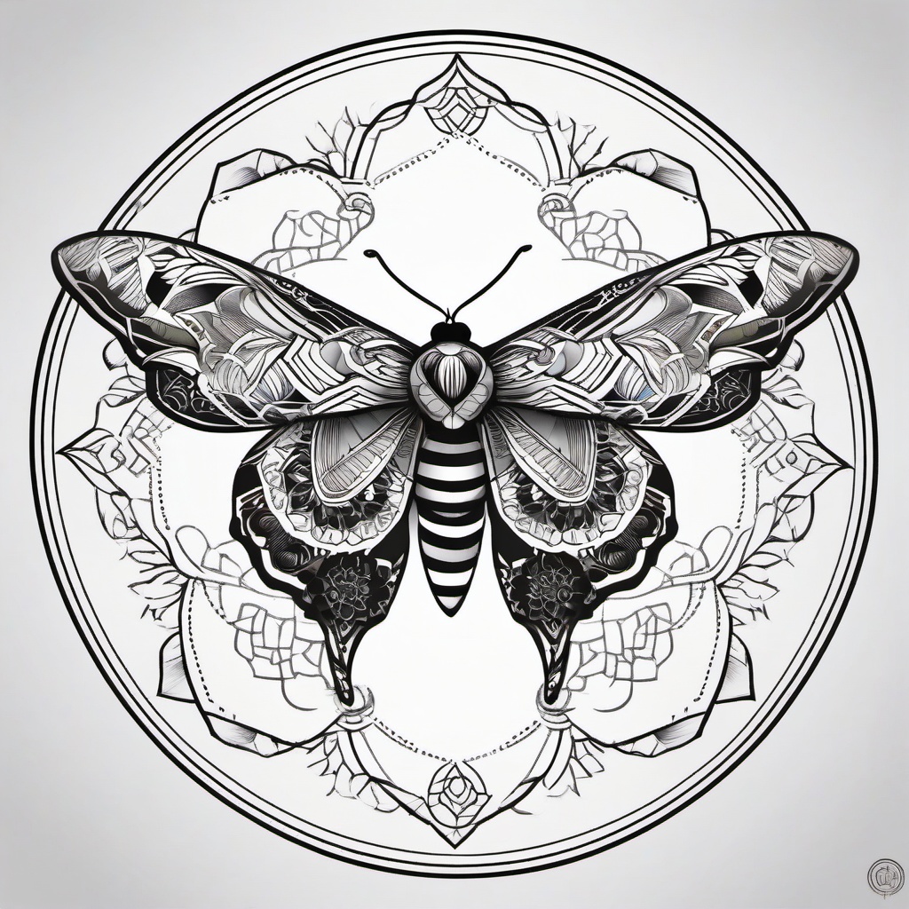 Mandala Moth Tattoo - Embrace intricate and geometric beauty with a tattoo featuring a moth integrated into a mandala design.  simple vector color tattoo, minimal, white background