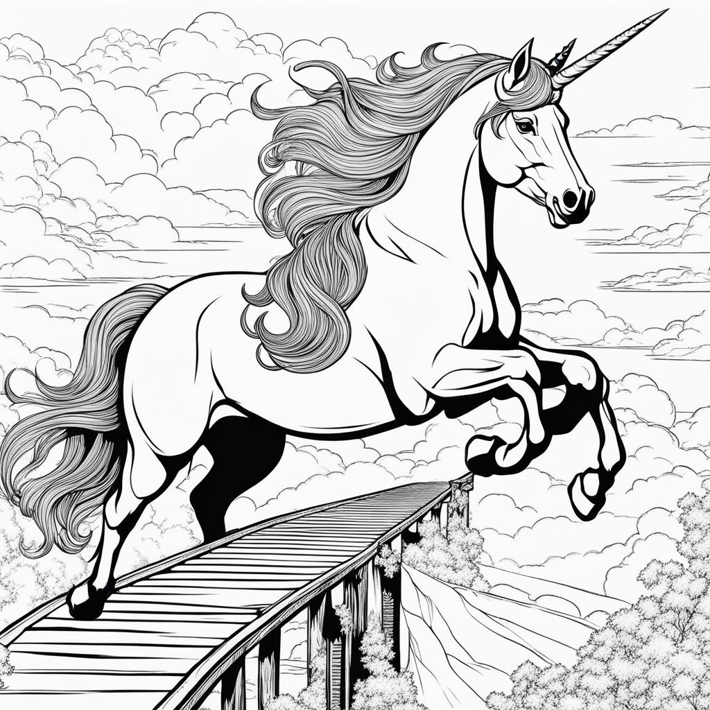 unicorn coloring pages - daring unicorn crossing a treacherous bridge high above the clouds, on a quest for hidden treasures. 