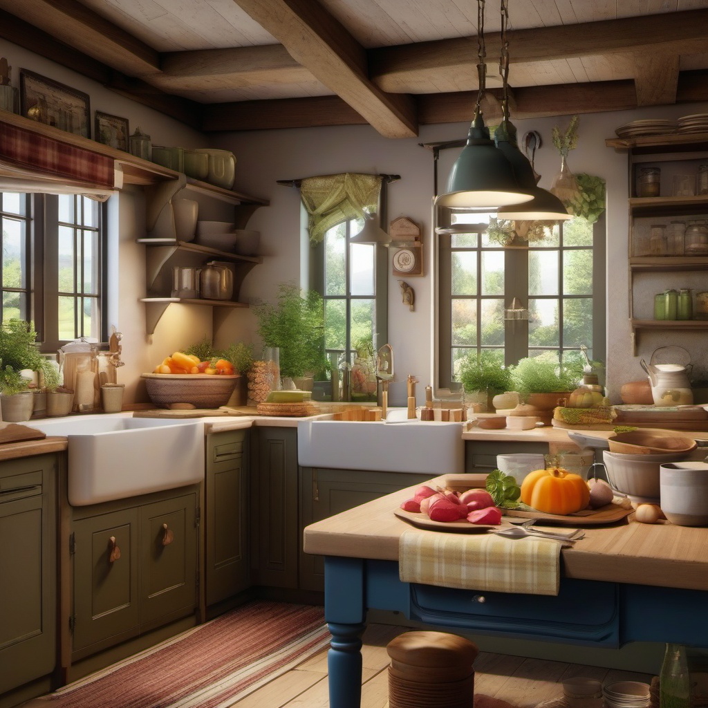 Country Cottage Cooking Charm - Bring the coziness of a country cottage into your kitchen. , kitchen layout design ideas, multicoloured, photo realistic, hyper detail, high resolution,