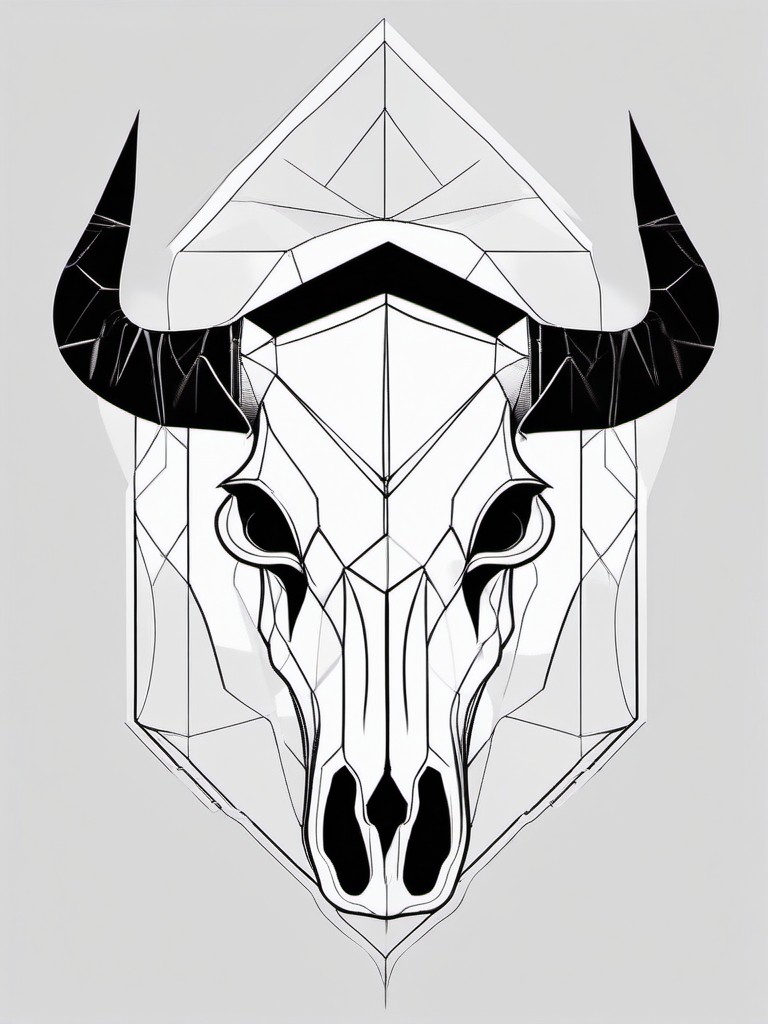 Geometric cow skull design: Clean lines, modern allure.  black and white tattoo style