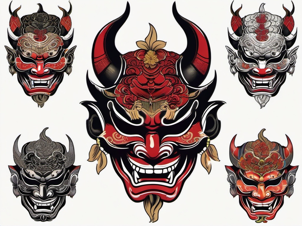 Hannya Mask Japanese Tattoo-Intricate and cultural tattoo featuring a Hannya mask in Japanese style, showcasing traditional and symbolic aesthetics.  simple color vector tattoo
