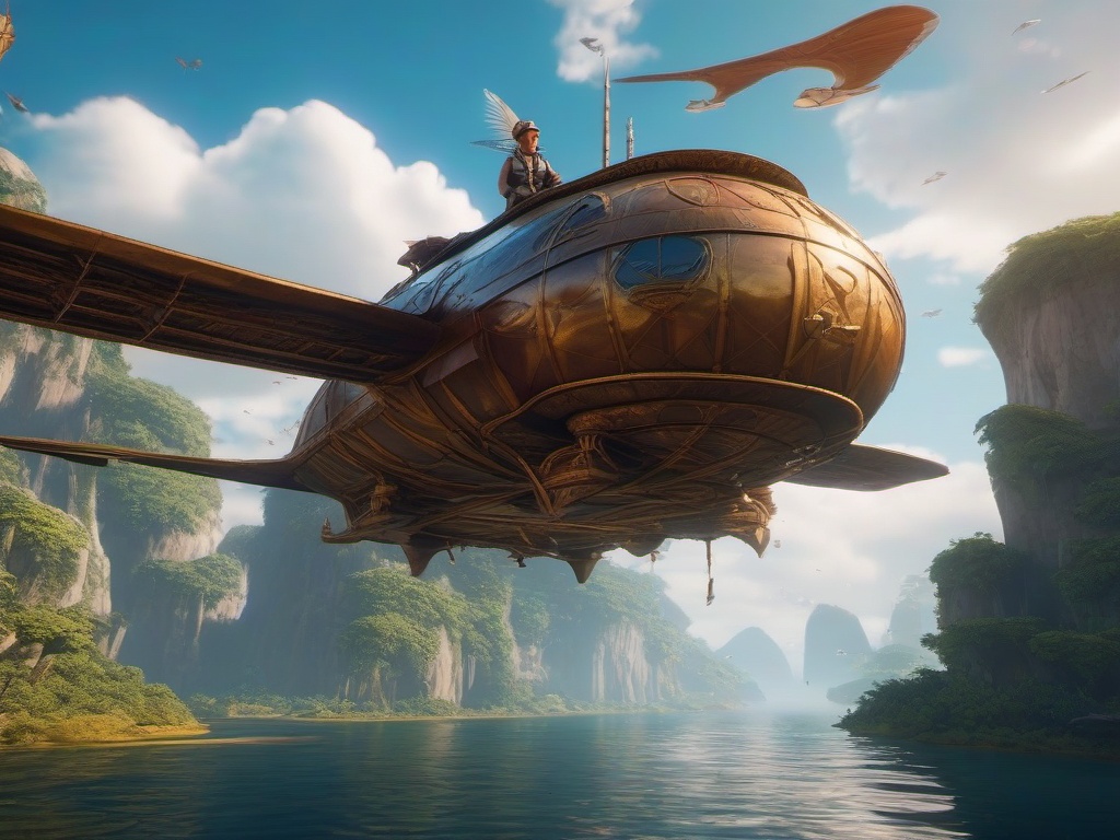 In a land of floating islands, young skyship pilot encounters ancient flying creatures and a hidden civilization.  8k, hyper realistic, cinematic