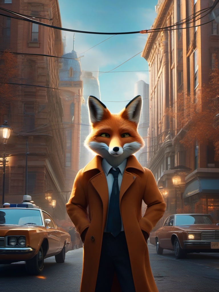 In a world of anthropomorphic animals, detective fox unravels a web of mysteries in a bustling city.  8k, hyper realistic, cinematic