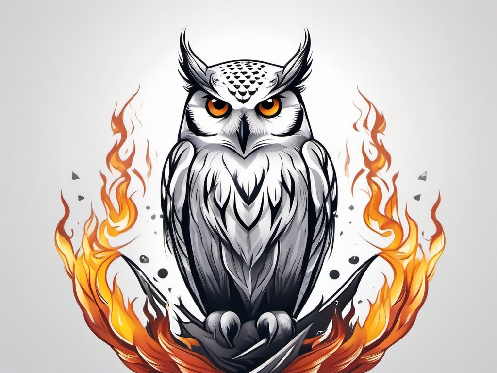 Snowy owl tattoo rising from transformative flames.  color tattoo style, minimalist design, white background