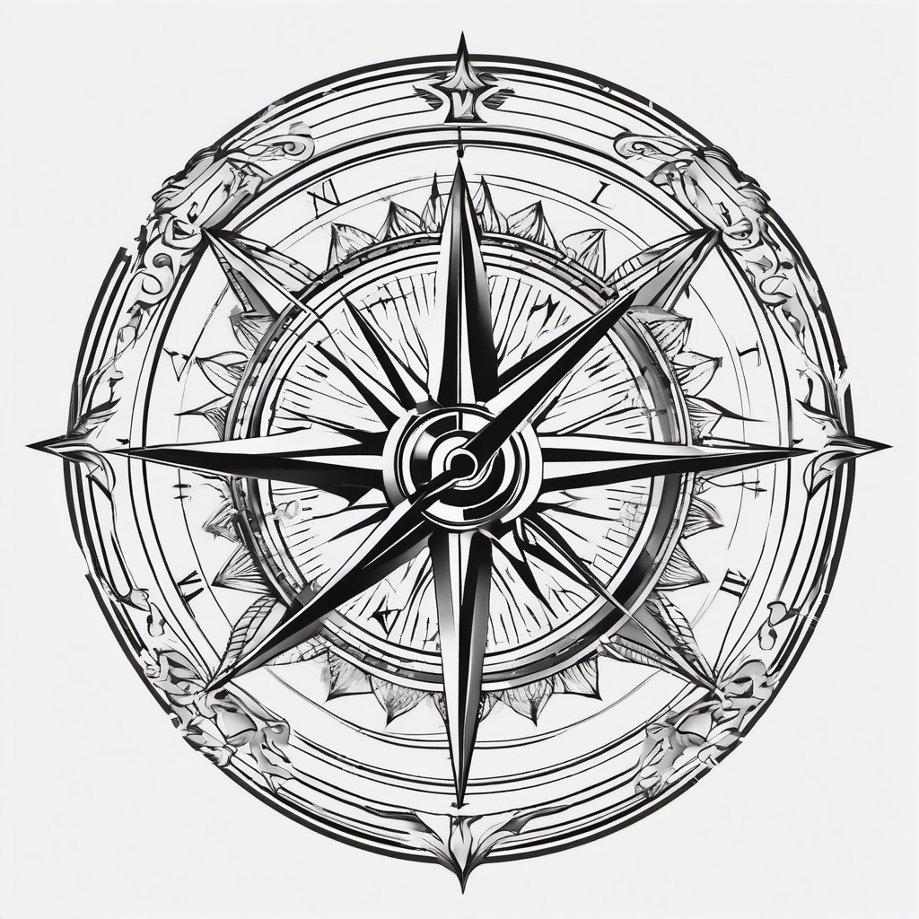 Clock and Compass Tattoo - Tattoo featuring both a clock and compass.  simple vector tattoo,minimalist,white background