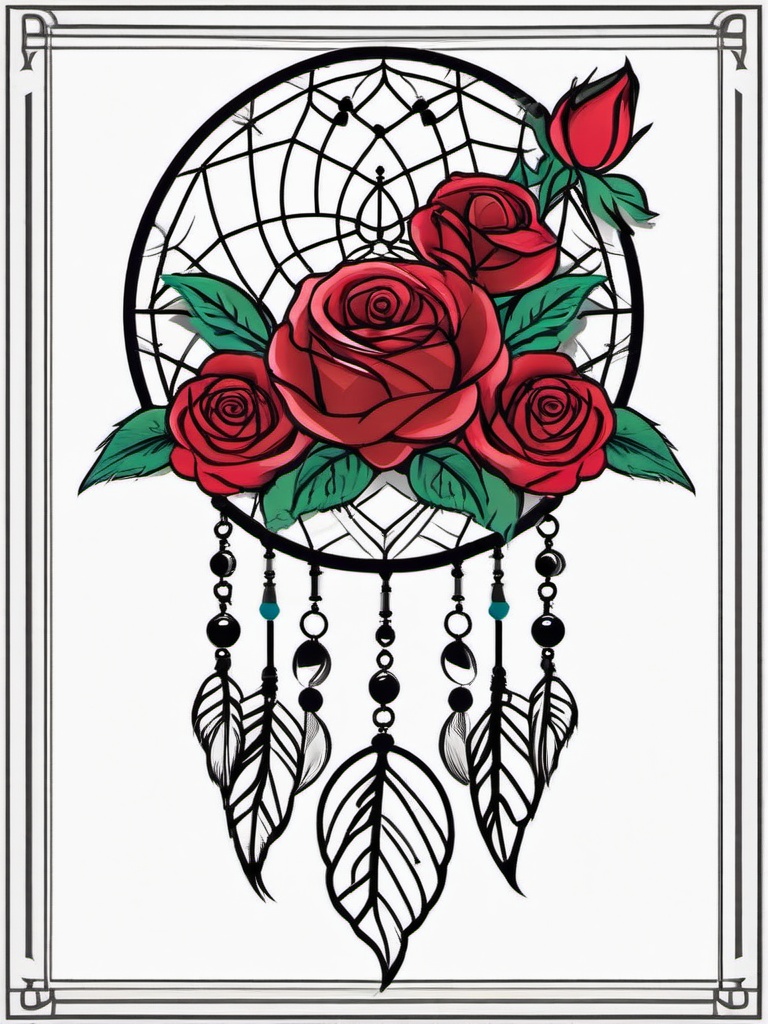 Dream Catcher with Rose Tattoo - Tattoo combining a dream catcher with rose motifs.  simple vector tattoo,minimalist,white background