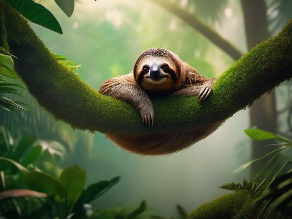 Cute Sloth Relaxing in a Misty Rainforest 8k, cinematic, vivid colors