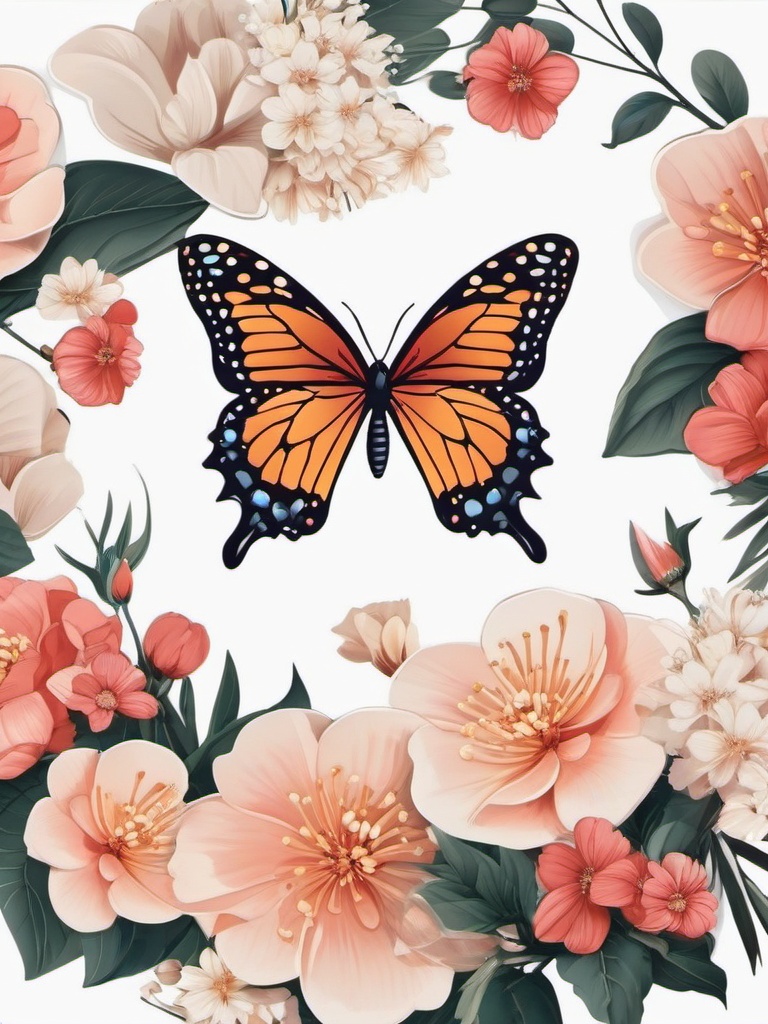 Butterfly and Blossoms Sticker - Butterfly near blooming flowers, ,vector color sticker art,minimal