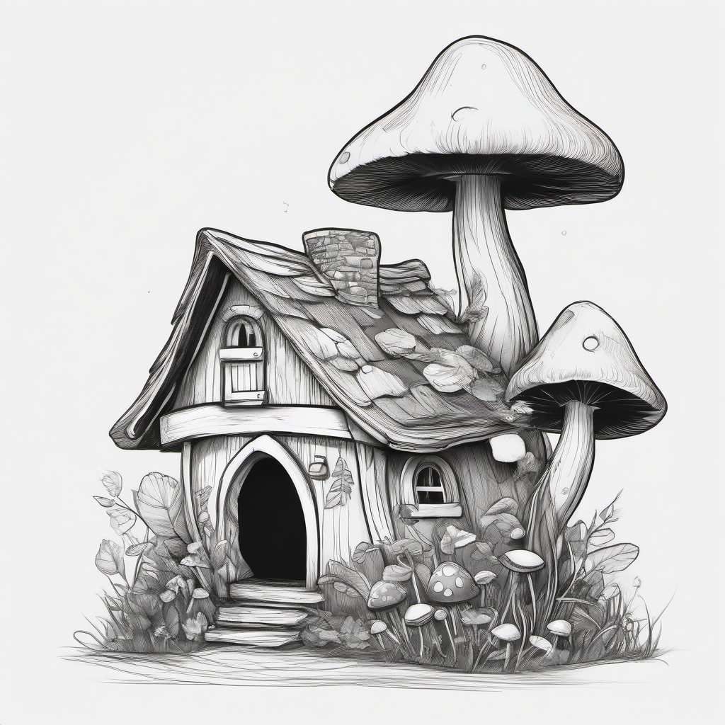 drawing of a gnome with a mushroom house  minimal rough sketch scribbles,doodles,black and white