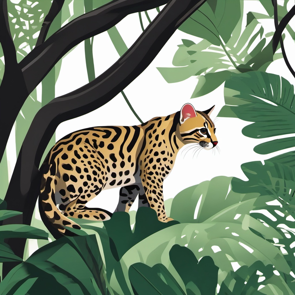 Ocelot Clipart - Ocelot perched in the rainforest trees , minimal, 2d