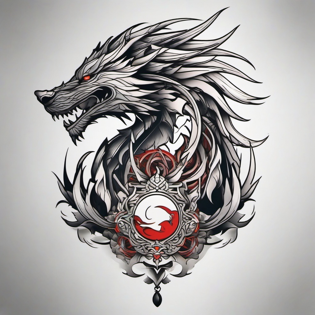 Dragon Wolf Tattoo - Powerful tattoo featuring a dragon and a wolf.  simple color tattoo,minimalist,white background