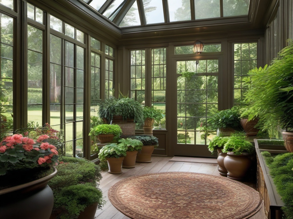 The garden room showcases traditional interior design with elegant planters, classic garden decor, and lush greenery that brings character and warmth to indoor gardening.  