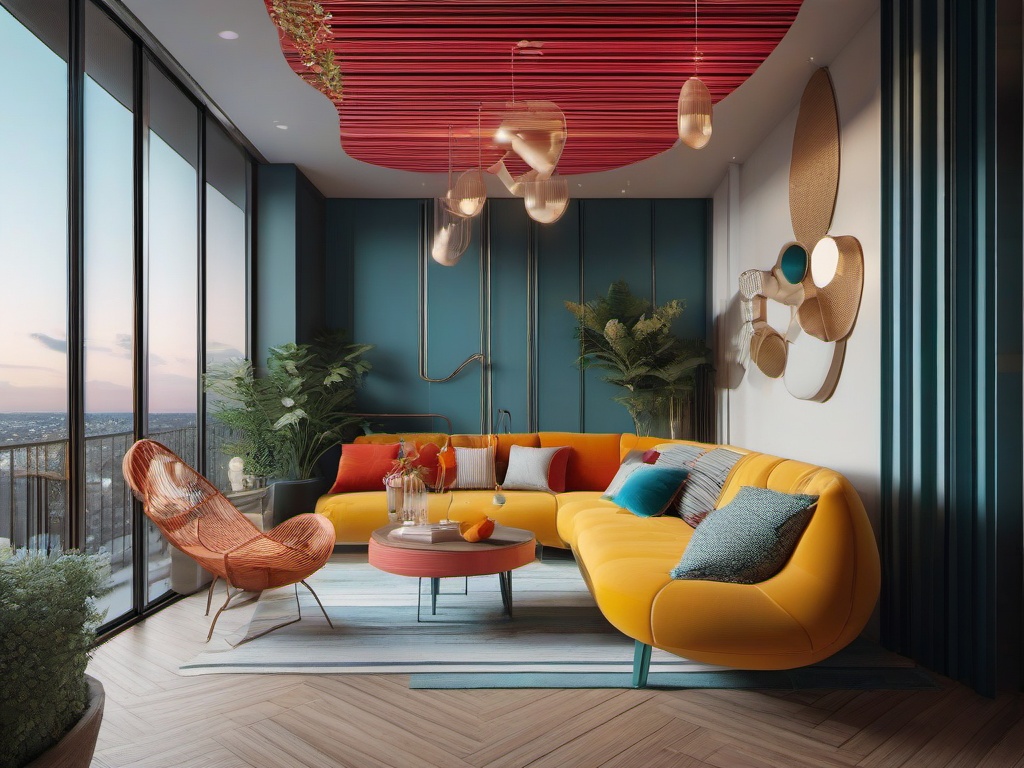 The balcony showcases surrealist interior design with whimsical furniture, vibrant decor, and creative elements that create a perfect space for relaxation and imaginative enjoyment.  