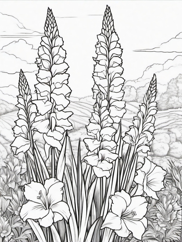 Gladiolus coloring page sheet - Gladiolus flowers standing tall in a bright summer garden.  black outline printable coloring page