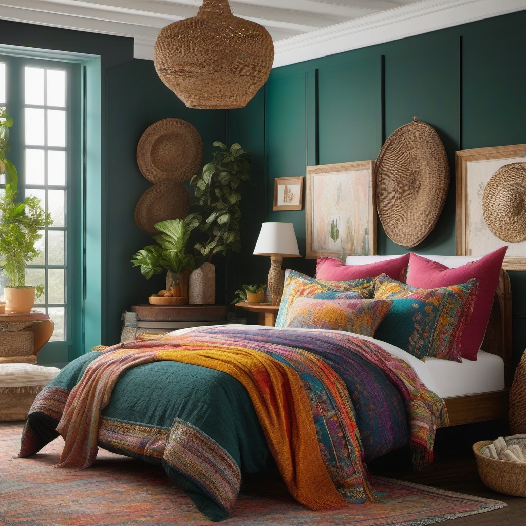 Boho Farmhouse Fusion - Blend boho and farmhouse styles for an eclectic sleeping space. , bedroom interior decor design ideas, multicoloured, photo realistic, hyper detail, high resolution,