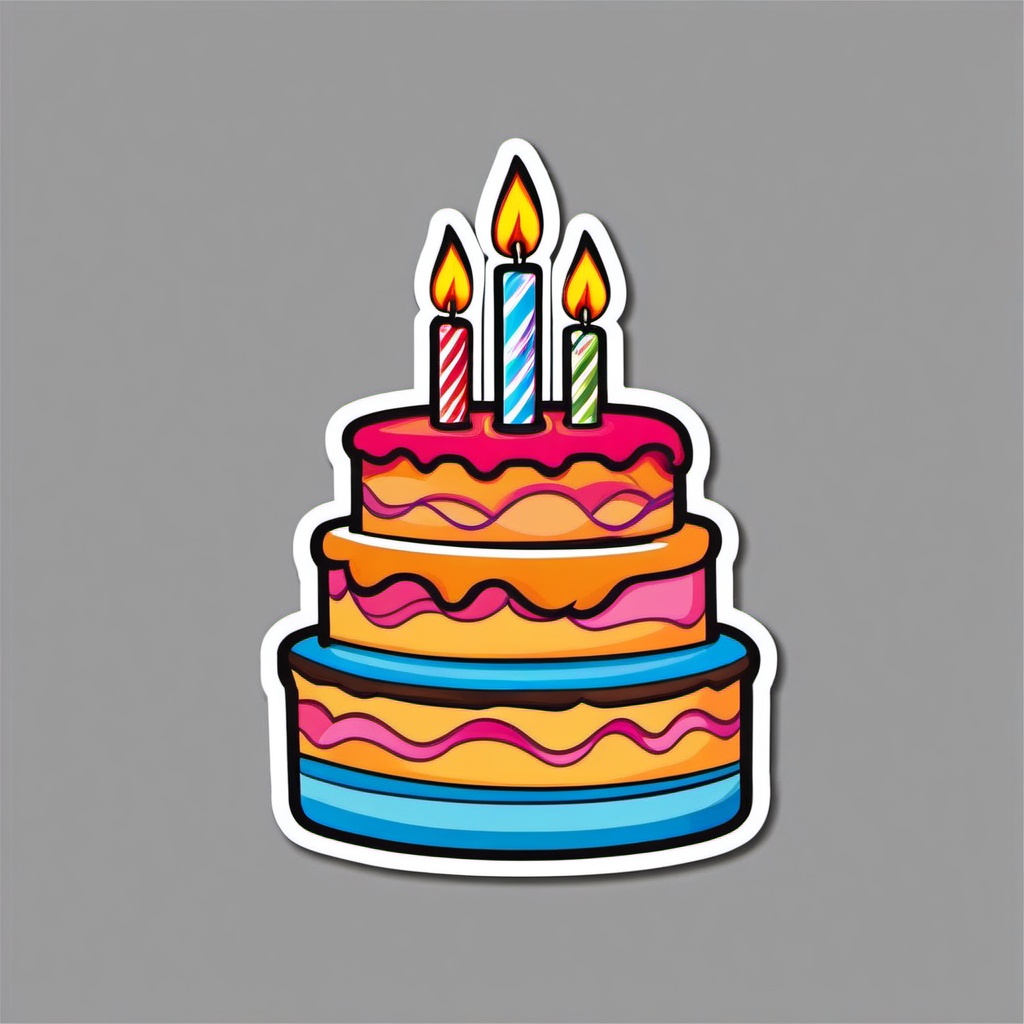 Cake and Candles Sticker - Birthday cake with lit candles, ,vector color sticker art,minimal